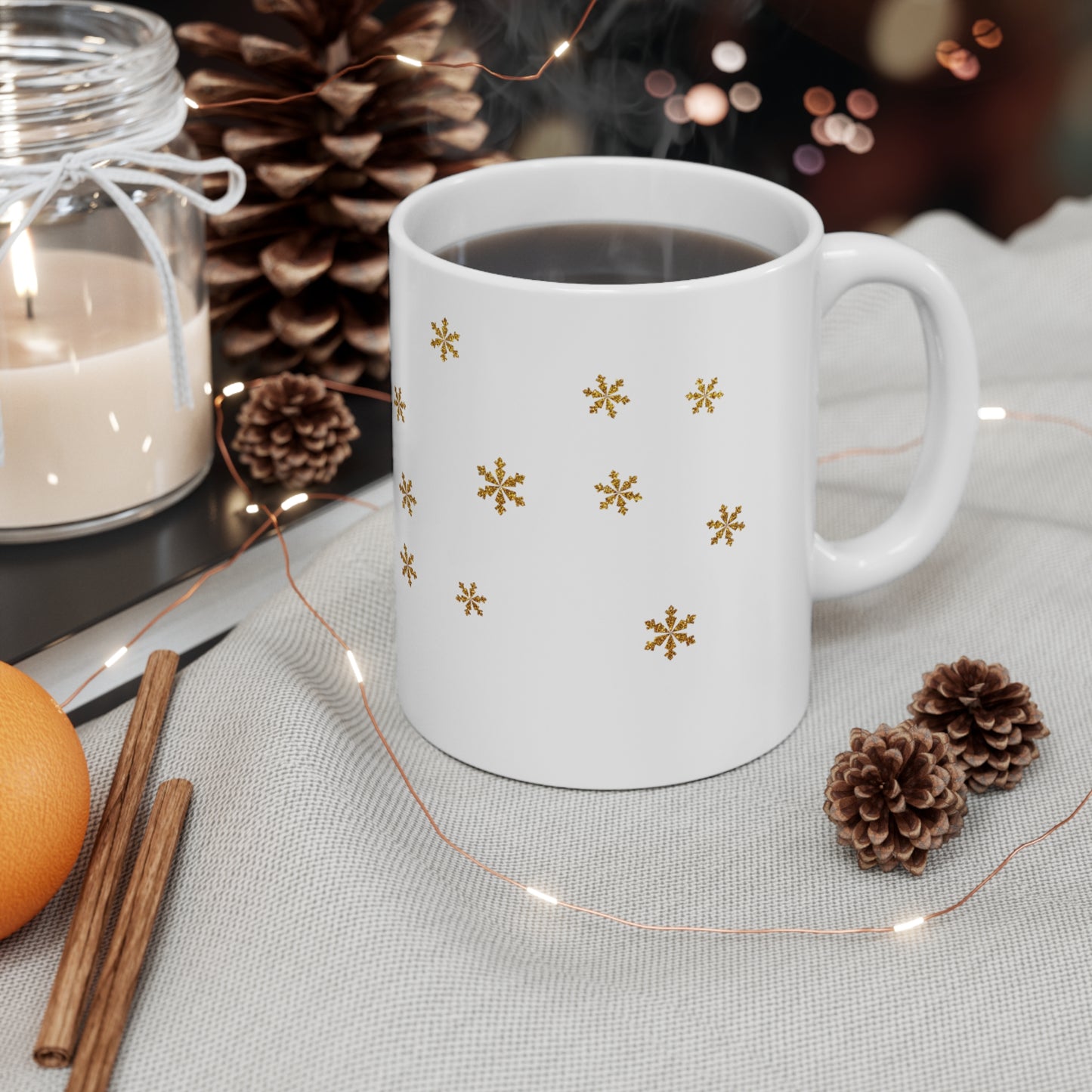 Snowflake Christmas Ceramic Mug 11oz Gold Gift for Her, Holiday Decoration, Coffee Mug - Design Club Home