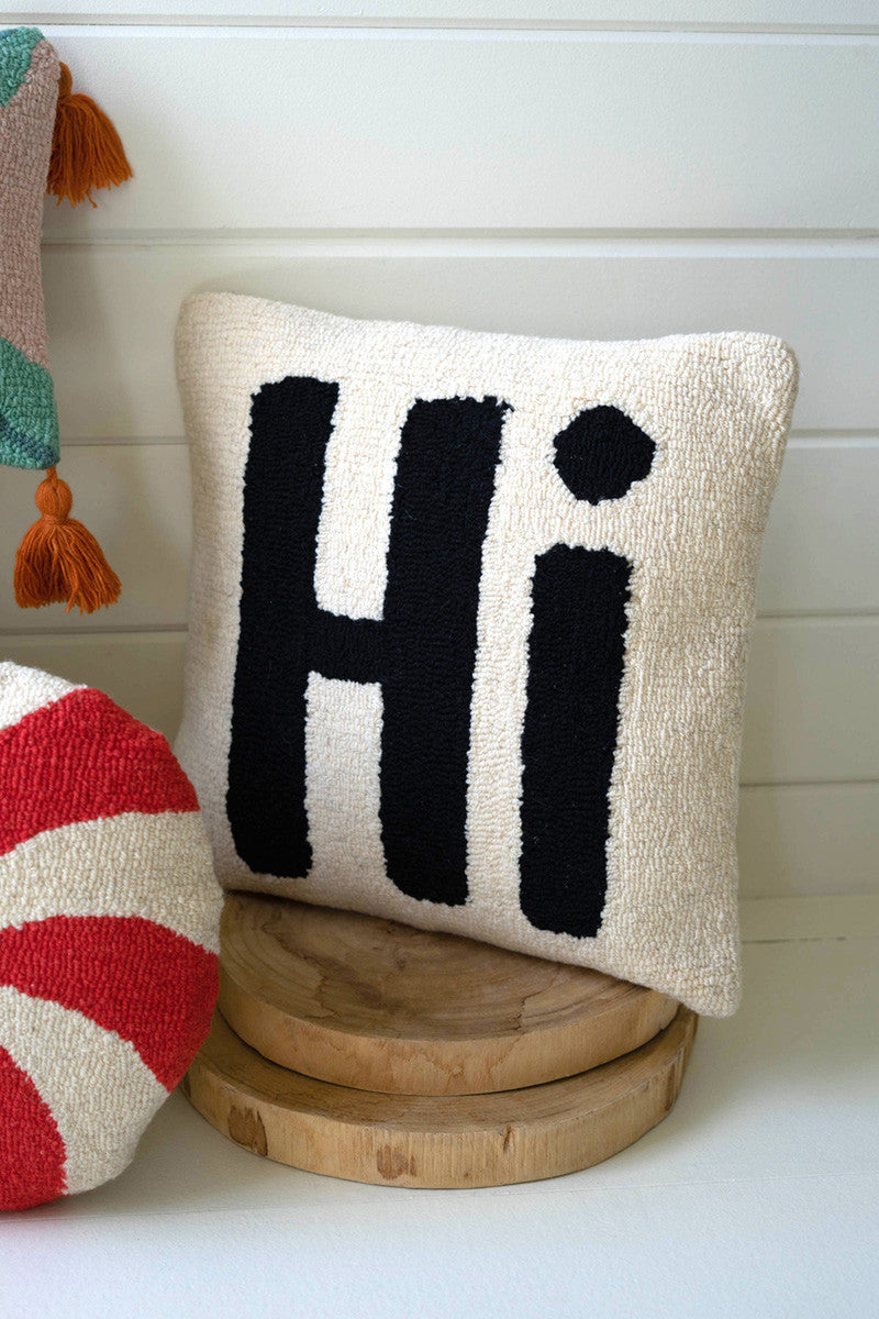 Hand Hooked Welcome "Hi" Pillow