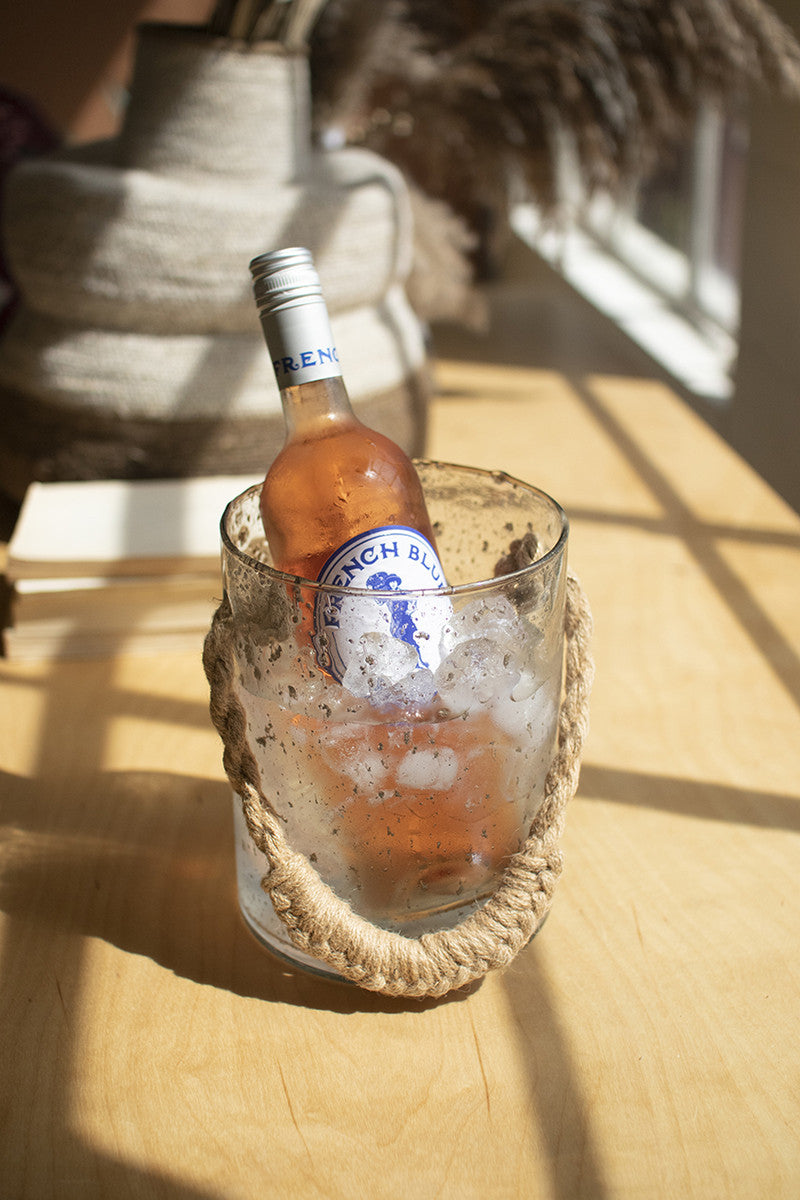 Glass Ice Bucket With Woven Jute Handle