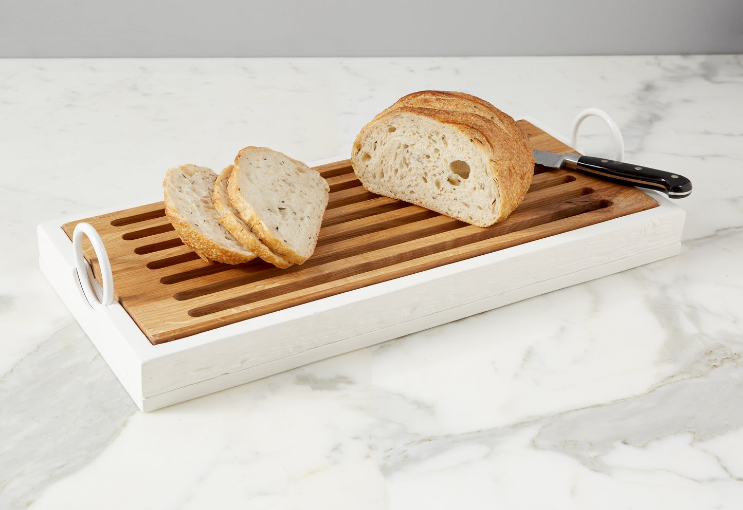 Oak Wood Crumb Tray with salvaged iron handles | Crumb Catching Cutting Board with Removable Trivet | Bread Board | Cooling Rack - Design Club Home