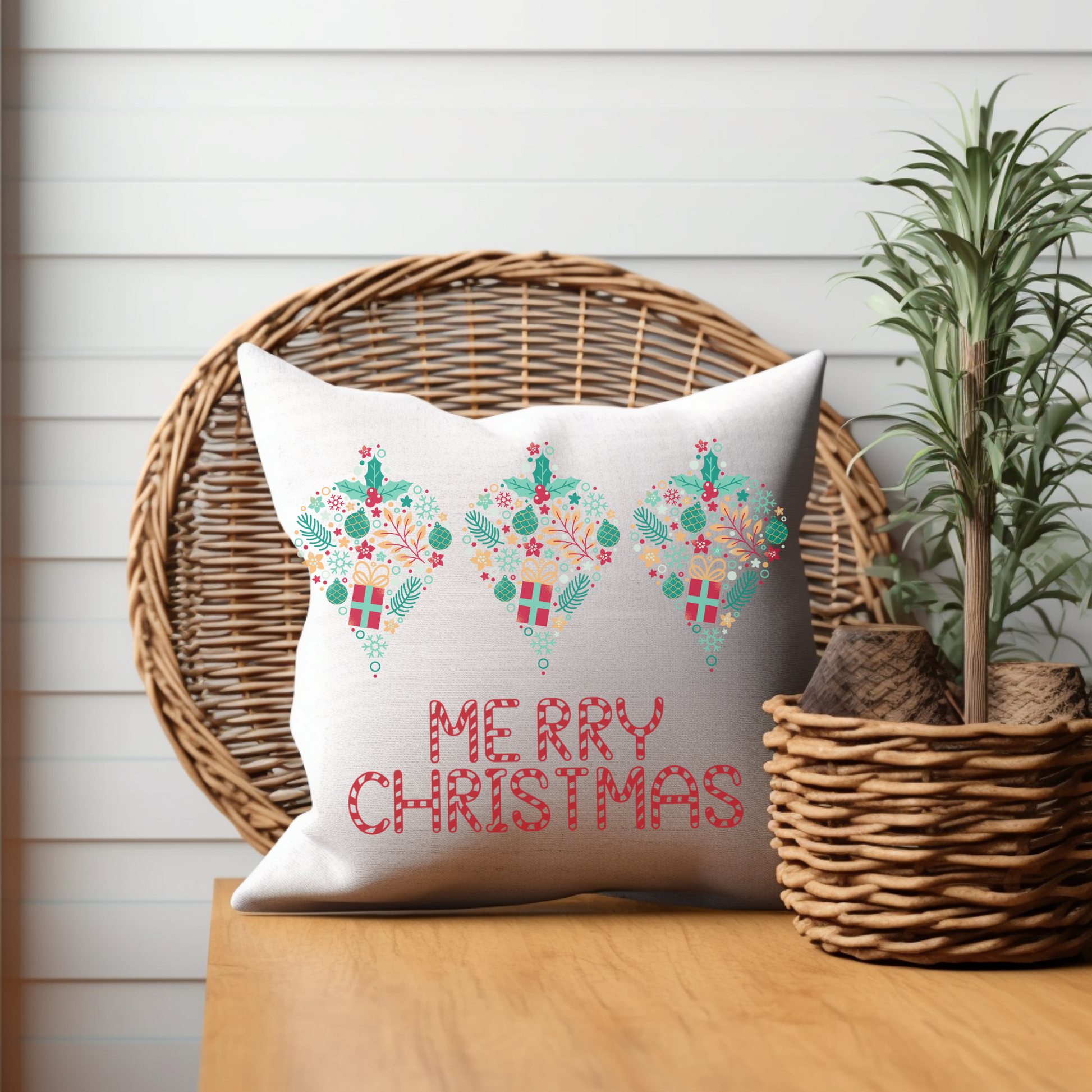 Merry Christmas Pillow, Bright Holiday Pillow, Christmas Gift, Housewarming Gift, Retro Vintage Christmas - Design Club Home