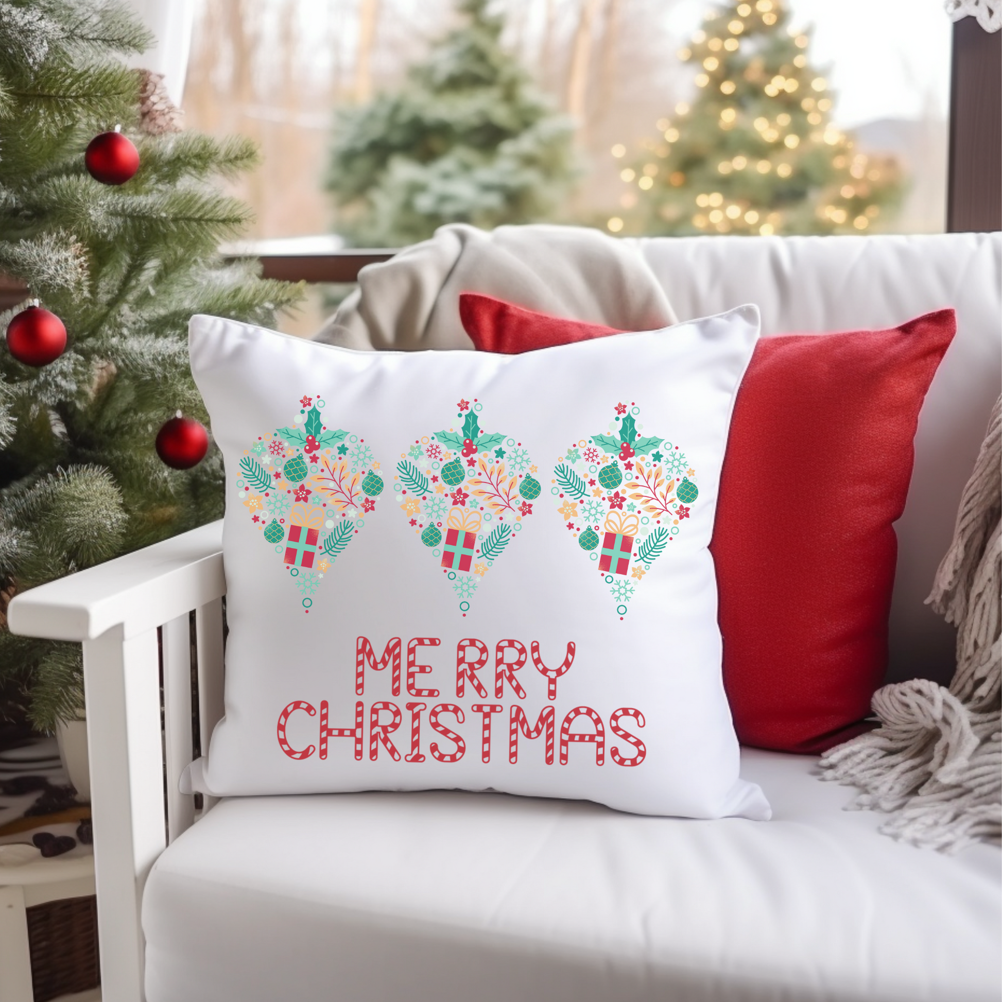 Merry Christmas Pillow, Bright Holiday Pillow, Christmas Gift, Housewarming Gift, Retro Vintage Christmas - Design Club Home