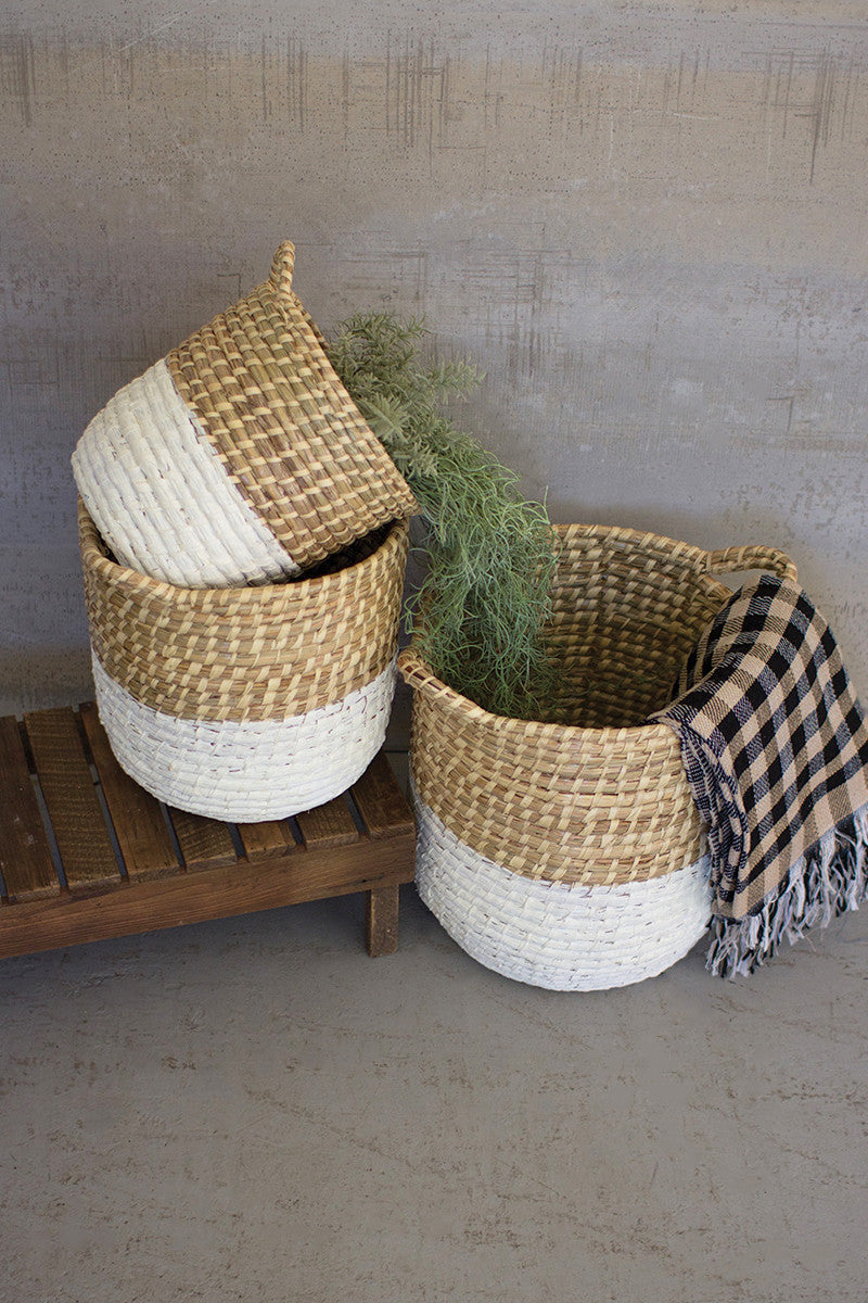 Large Storage Basket  or Planter Set of 3 Woven Seagrass Blanket Baskets with Handles Home Gift - Design Club Home