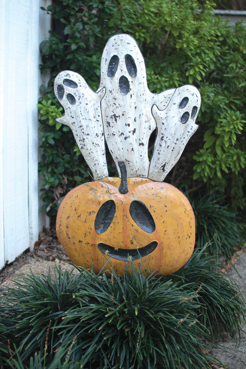 Metal Halloween Pumpkin Ghost Yard Art | Jack O Lantern | Halloween Garden Decor Yard Sign - Design Club Home