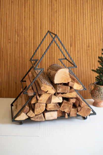 Metal Log Holder Christmas Tree Shape Firewood Rack Holiday Decor Farmhouse Gift - Design Club Home