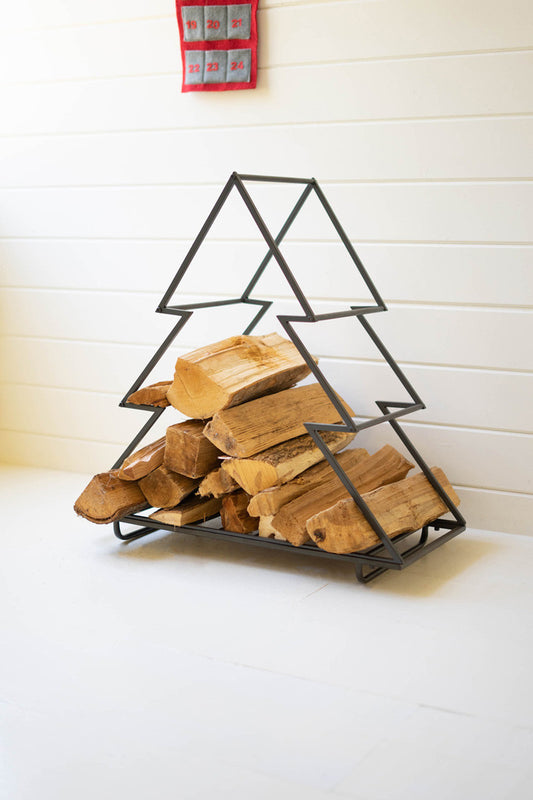 Metal Log Holder Christmas Tree Shape Firewood Rack Holiday Decor Farmhouse Gift - Design Club Home