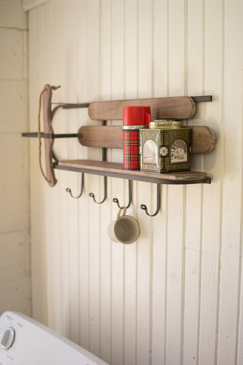 wood sleigh shelf with hooks fall home wall decoration - Design Club Home