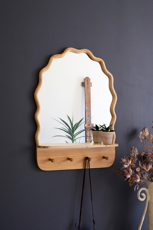 Arched  Wood Framed Mirror with Shelf and Coat Hooks