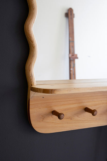 Arched  Wood Framed Mirror with Shelf and Coat Hooks