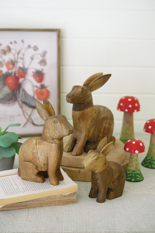 Hand Carved Wooden Rabbit Set of 3