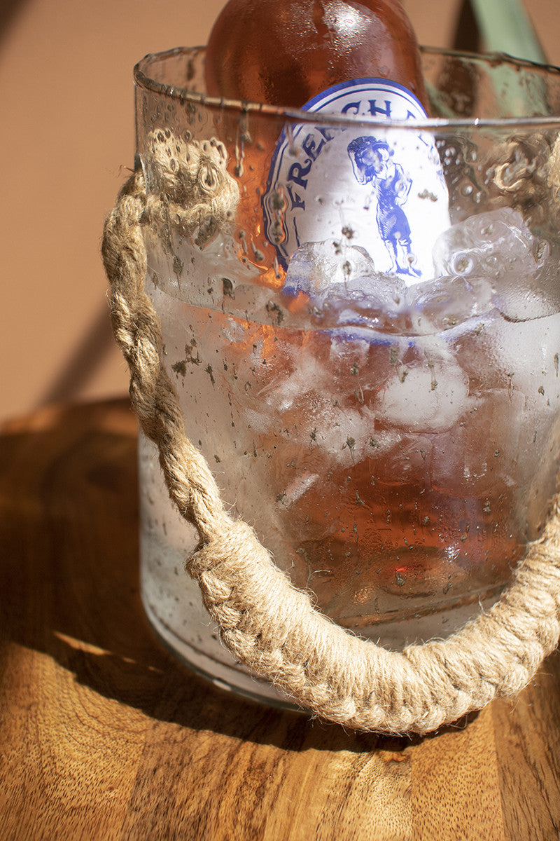 Glass Ice Bucket With Woven Jute Handle