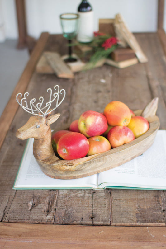 Wood Reindeer Bowl with Metal Antlers - Christmas Decoration - Holiday Gifts - Design Club Home