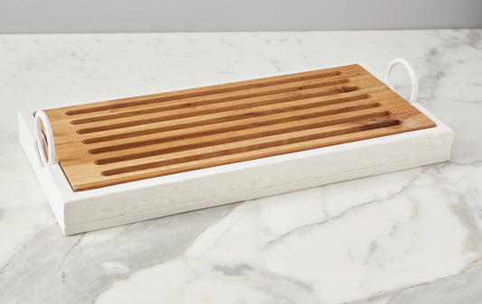 Oak Wood Crumb Tray with salvaged iron handles | Crumb Catching Cutting Board with Removable Trivet | Bread Board | Cooling Rack - Design Club Home