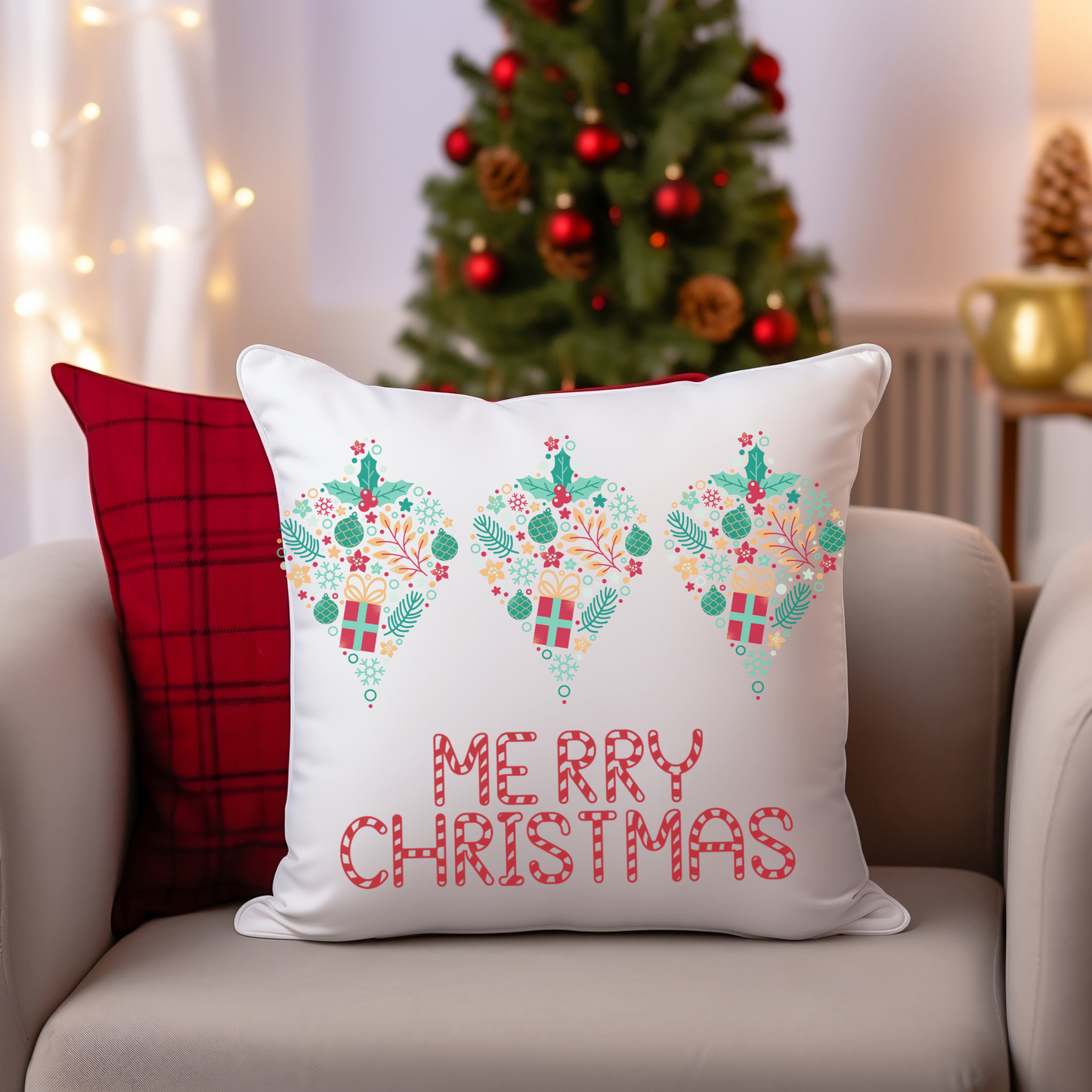 Merry Christmas Pillow, Bright Holiday Pillow, Christmas Gift, Housewarming Gift, Retro Vintage Christmas - Design Club Home