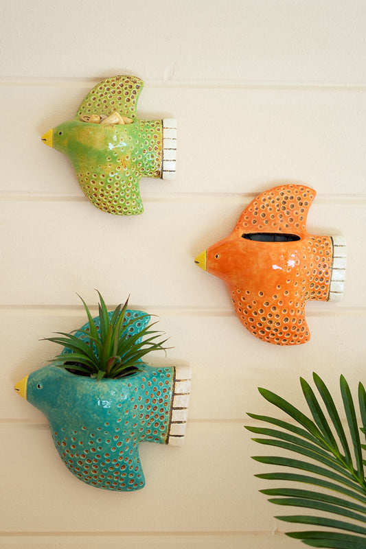 wall planter set ceramic indoor outdoor colorful birds - Design Club Home