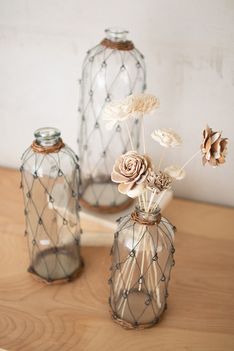 tall wire and wicker wrapped glass bottles - set of 3 - Design Club Home