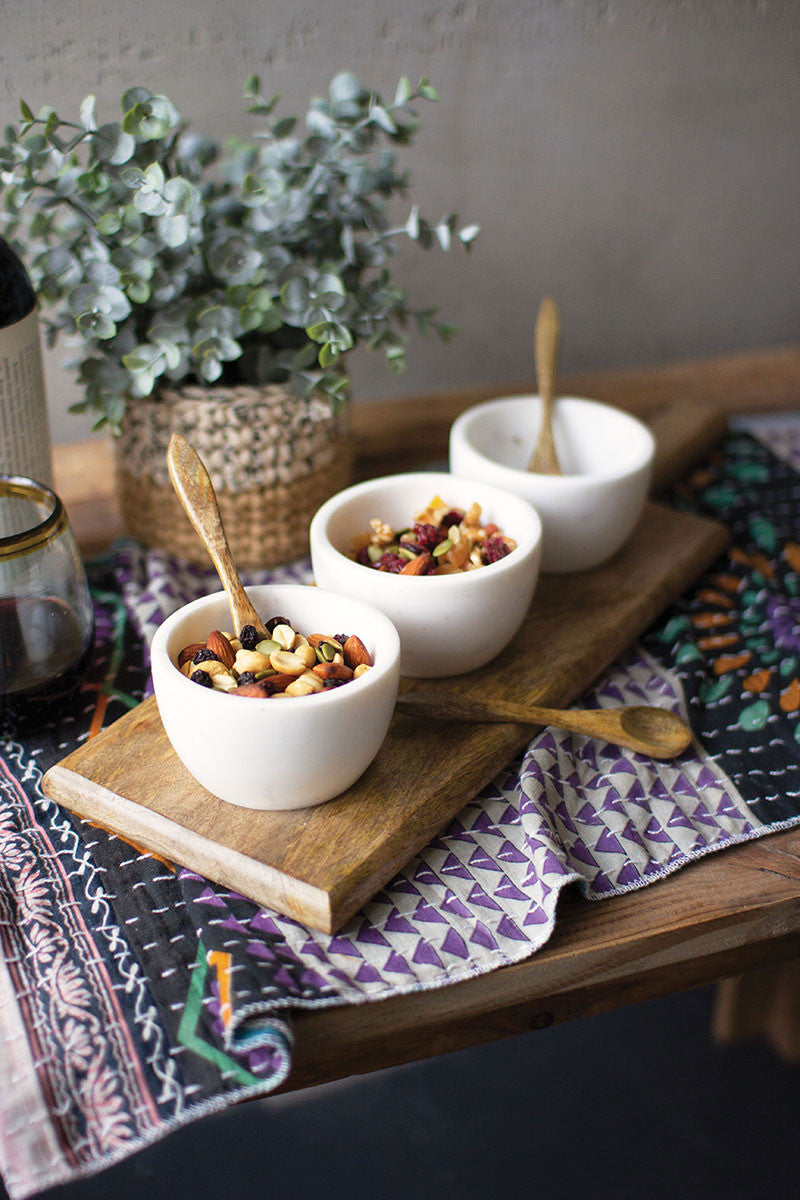 White stone serving bowls with mango spoons and base - set of 3 - Design Club Home