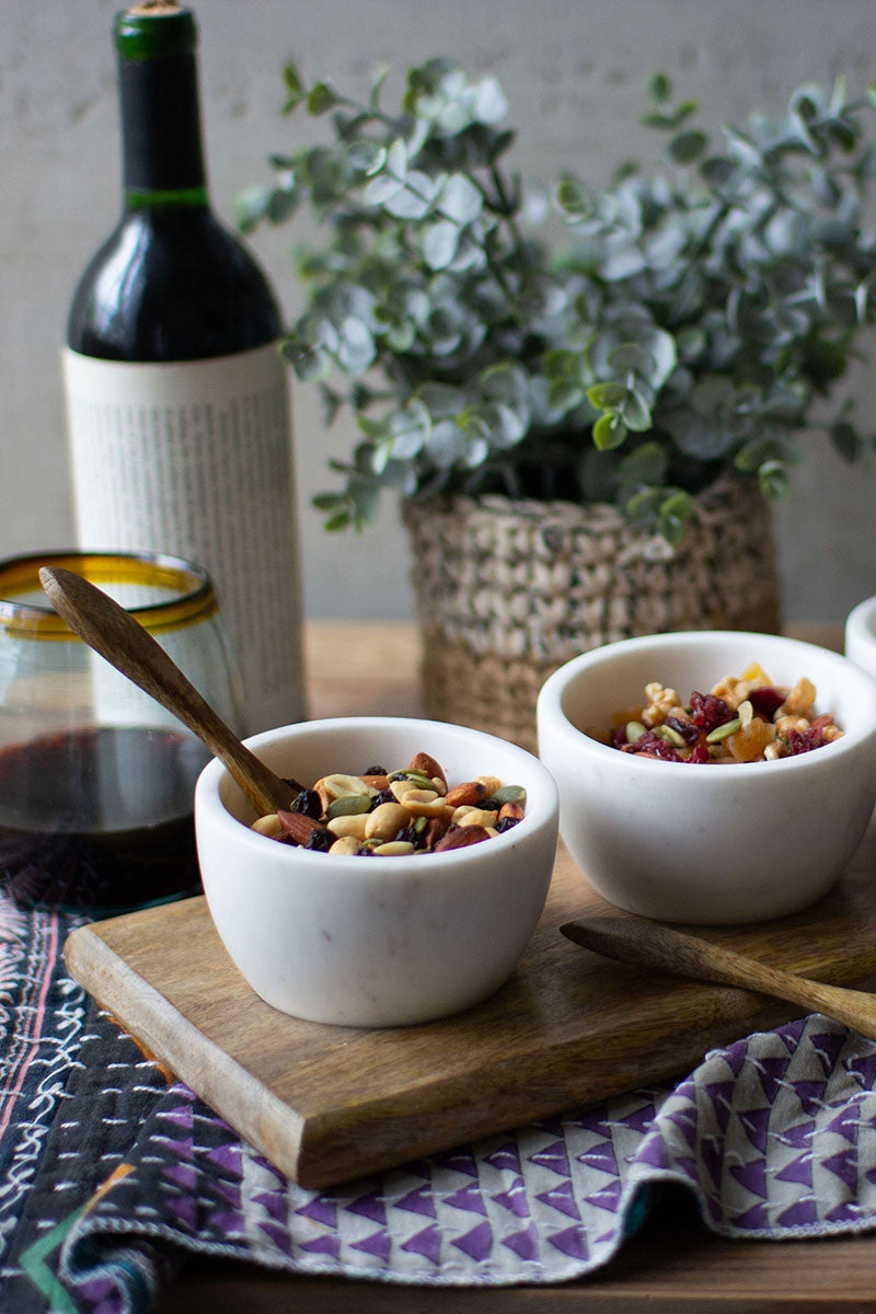 White stone serving bowls with mango spoons and base - set of 3 - Design Club Home